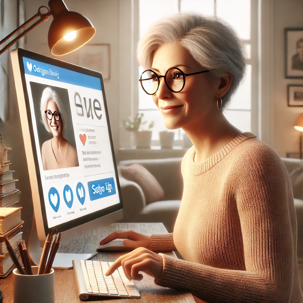 Dating After 50 A realistic illustration of an older adult sitting at a computer, creating an online dating profile.