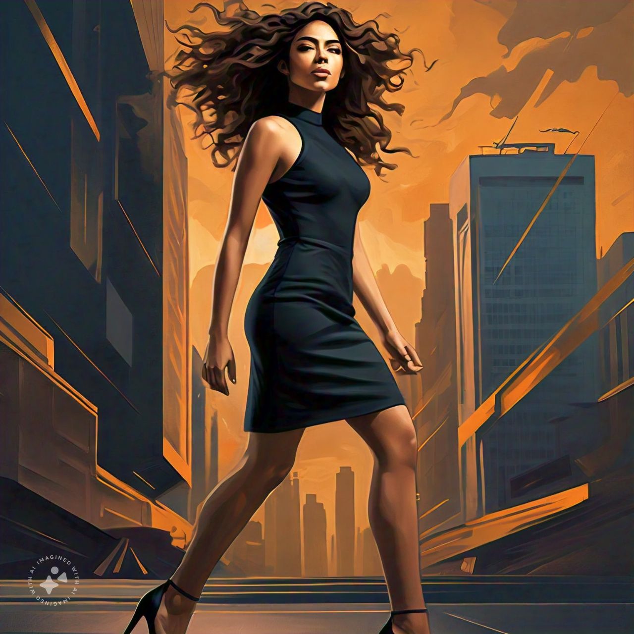 Single women exuding happiness and fullfilment, striking a powerful pose against a stunning city skyline